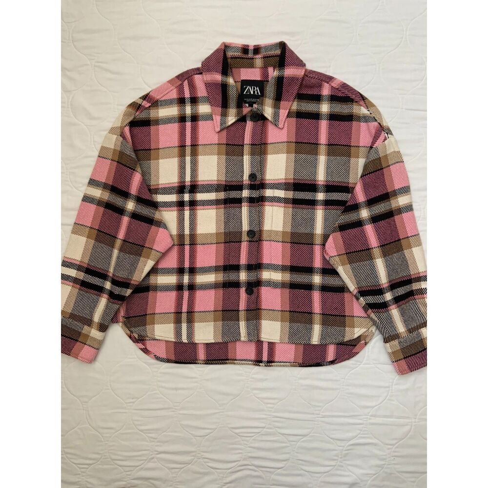 Zara Cropped Pink Cream Brown Plaid Check Overshirt Jacket Shacket - M
